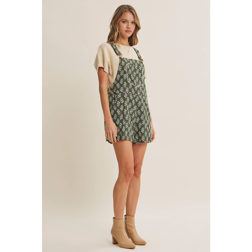 MEADOW BLOOM FLORAL SHORT OVERALL WITH LACE TRIM BIB POCKET