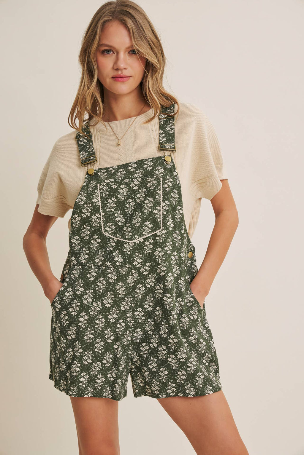 MEADOW BLOOM FLORAL SHORT OVERALL WITH LACE TRIM BIB POCKET