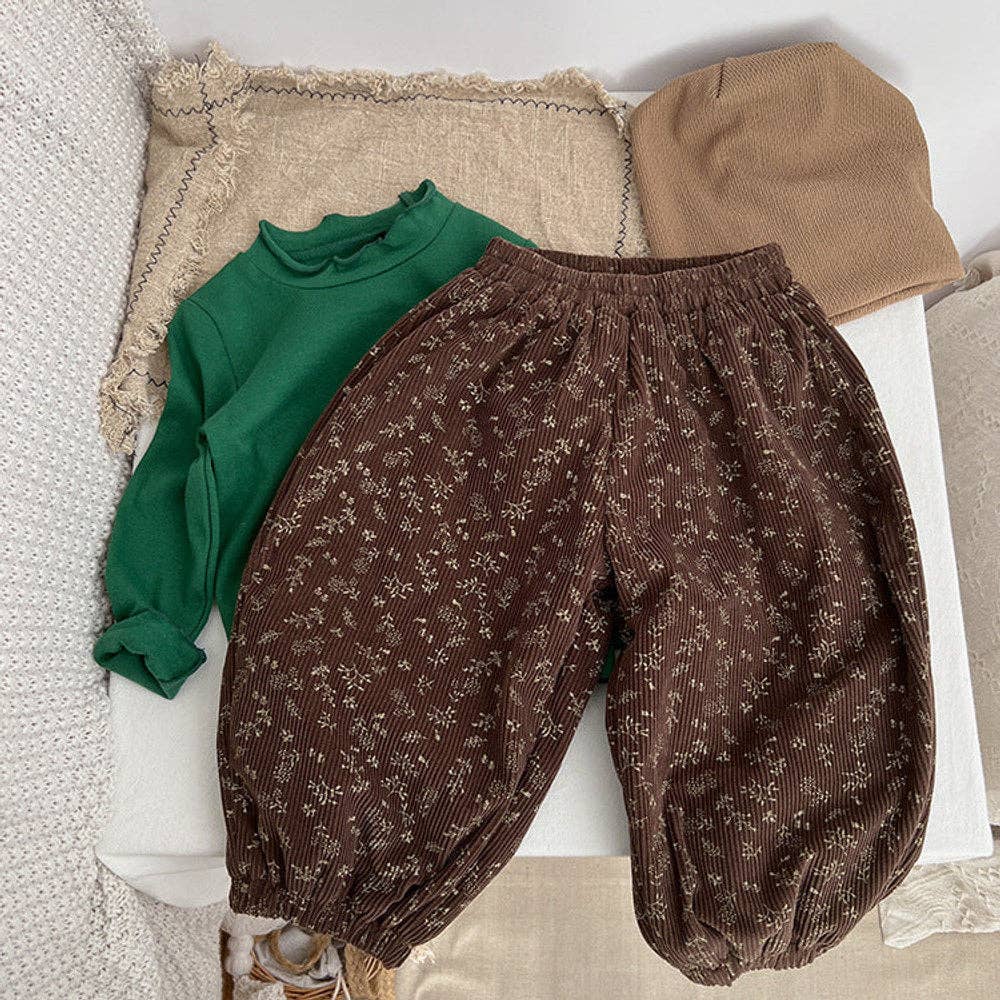 MyKids-USA® Baby Girl Ditsy Flower Pattern Corduroy Fabric Loose Thickened Pants In Winter