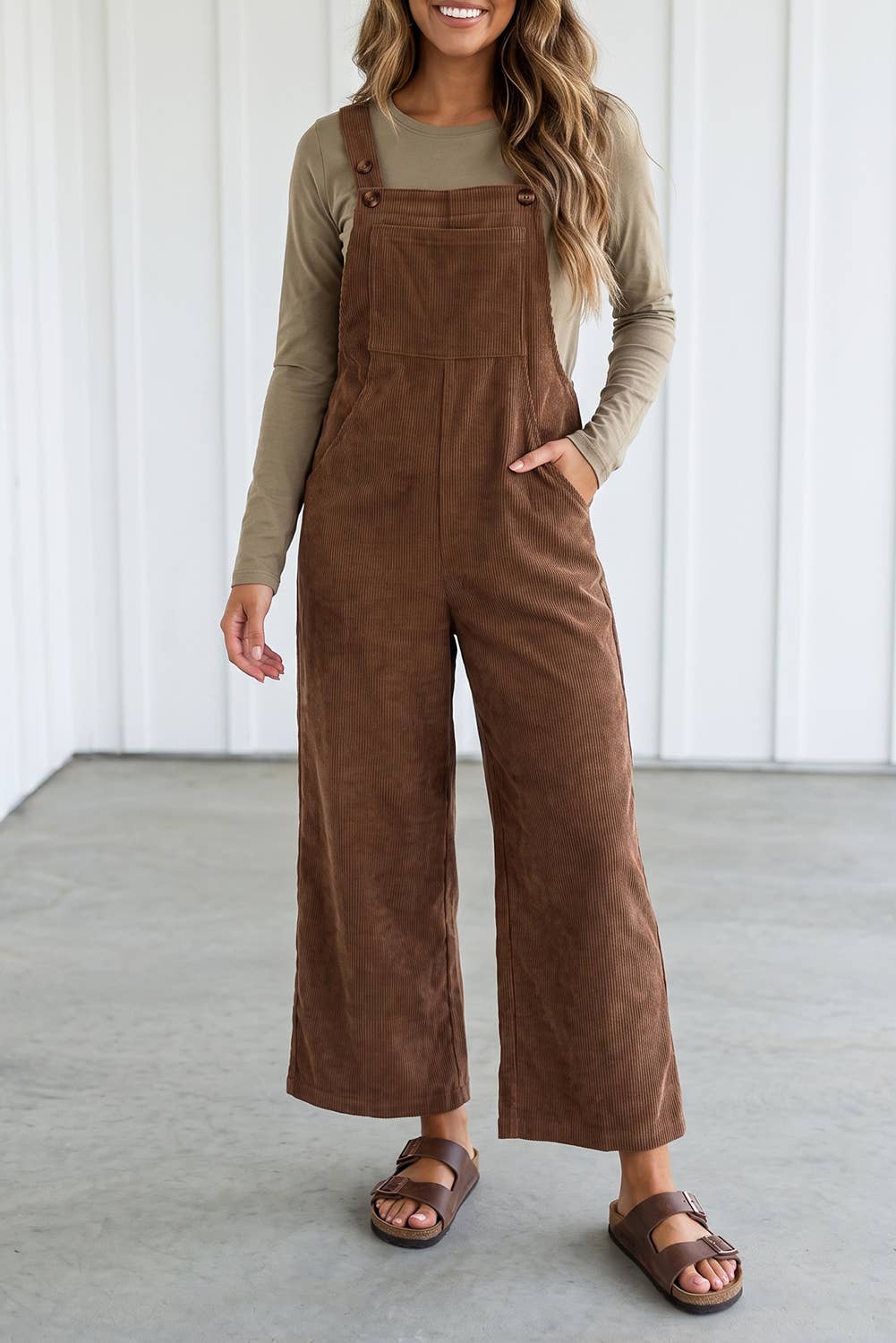 LAS Solid Corduroy Wide Leg Ribbed Pocket Overalls (S-XL)