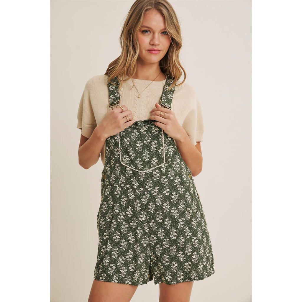MEADOW BLOOM FLORAL SHORT OVERALL WITH LACE TRIM BIB POCKET