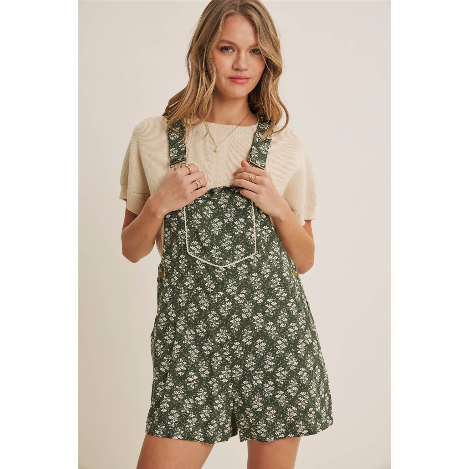 MEADOW BLOOM FLORAL SHORT OVERALL WITH LACE TRIM BIB POCKET