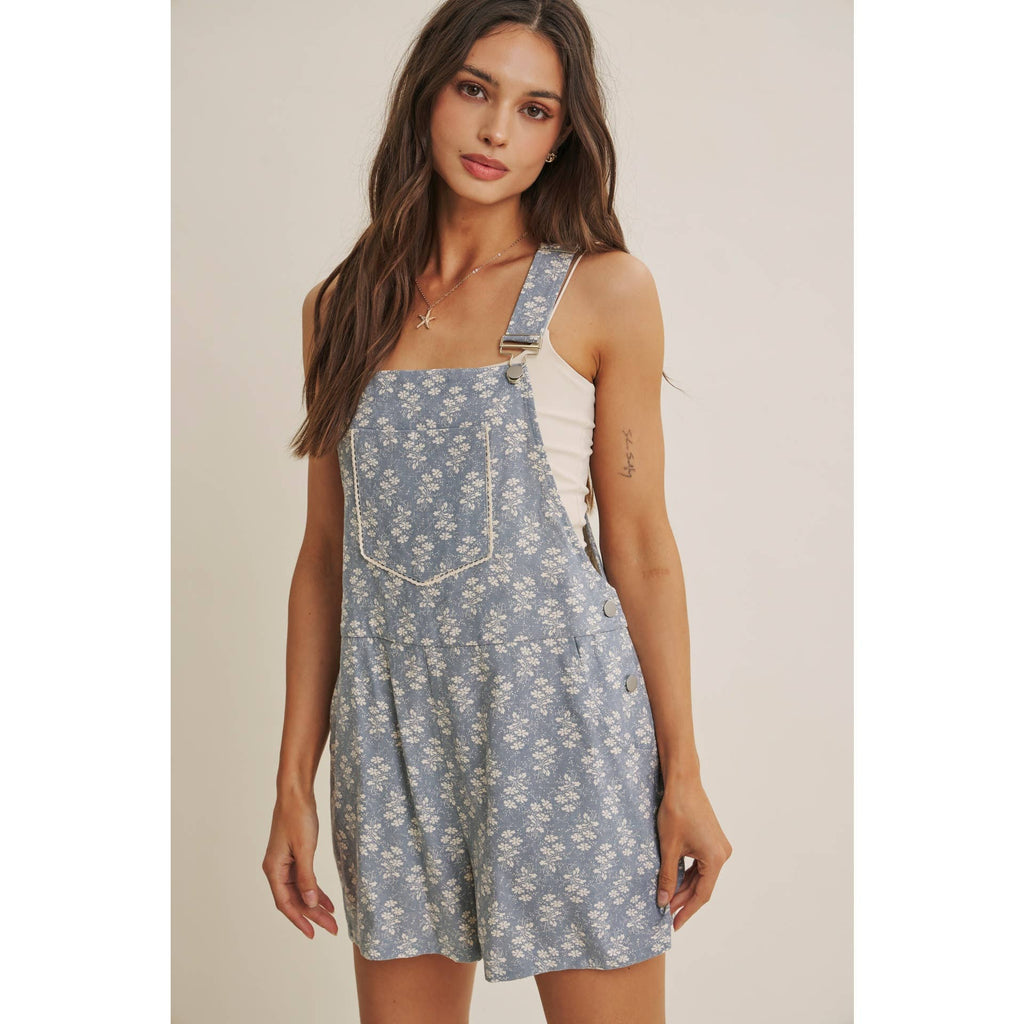 MEADOW BLOOM FLORAL SHORT OVERALL WITH LACE TRIM BIB POCKET