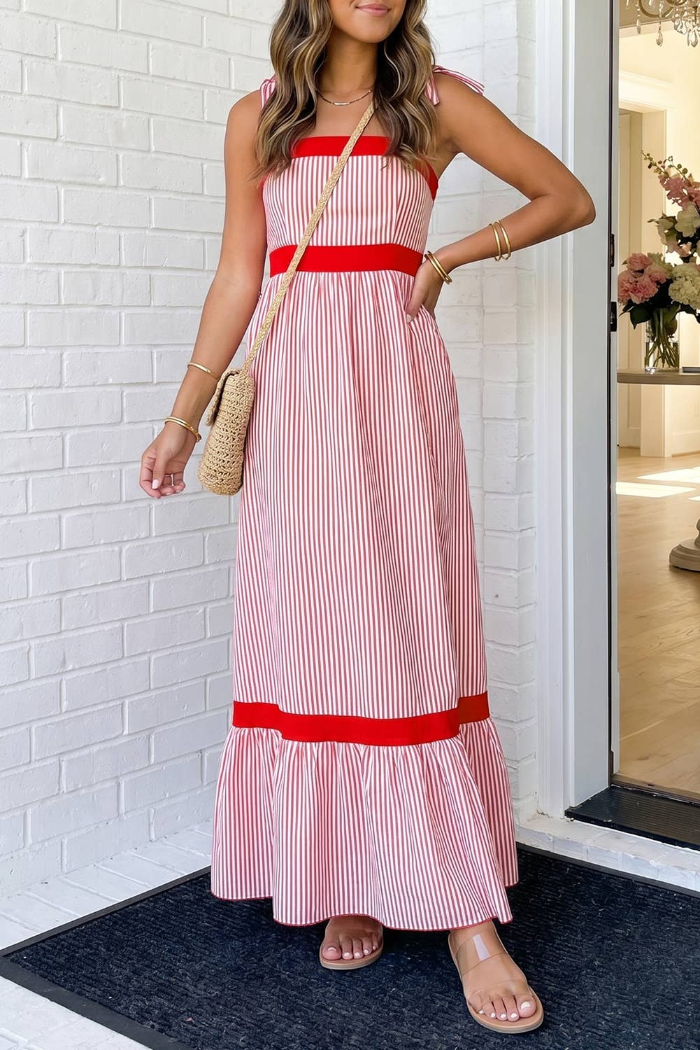 LAS Stripe Bow Knot Straps Ruffle Hem Maxi Dress (S-XL)