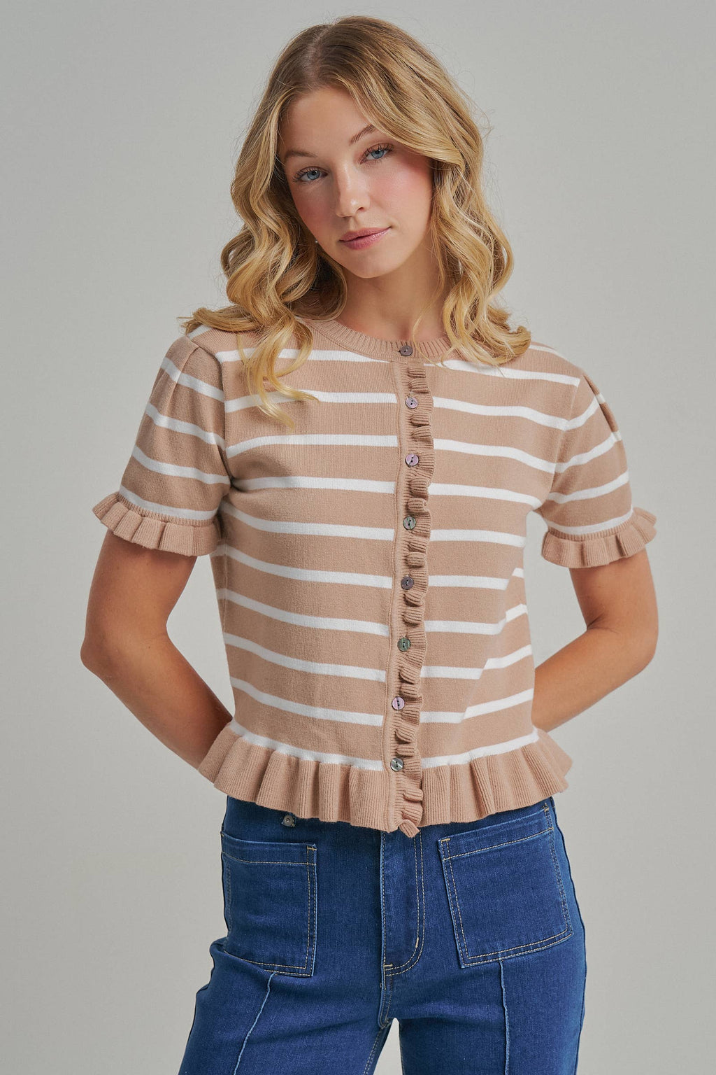 STRIPE KNITTED SWEATER BUTTON DOWN CARDIGAN TOP_JLT00204-01
