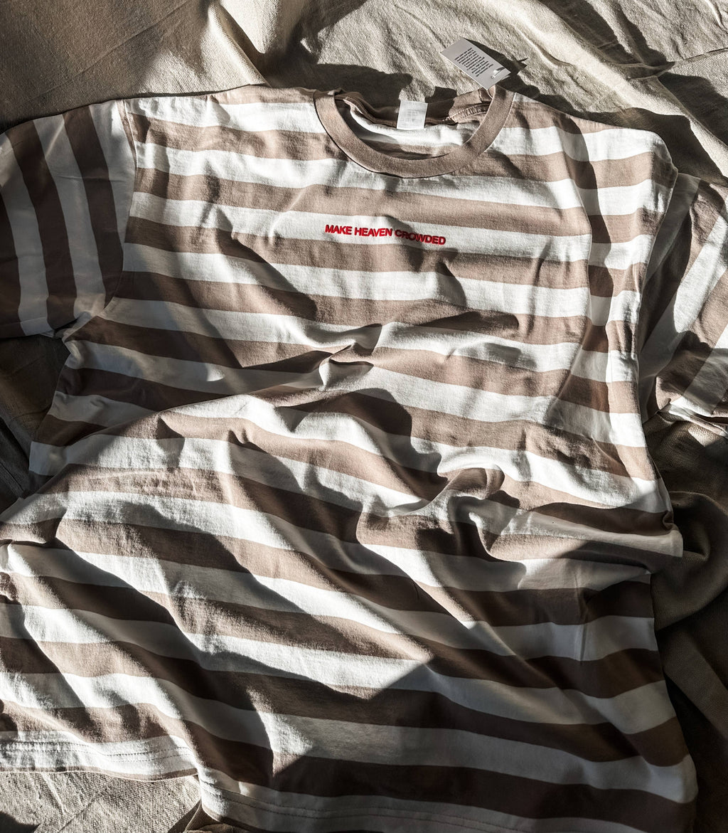 Make Heaven Crowded-red puff- Beige Stripe Tee: L