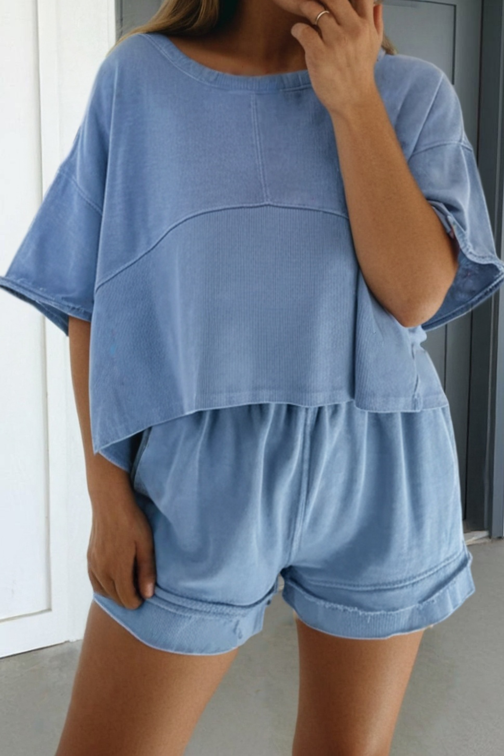 LAS Solid Textured Patchwork Raw Edge 2pcs Short Sets (S-XL)