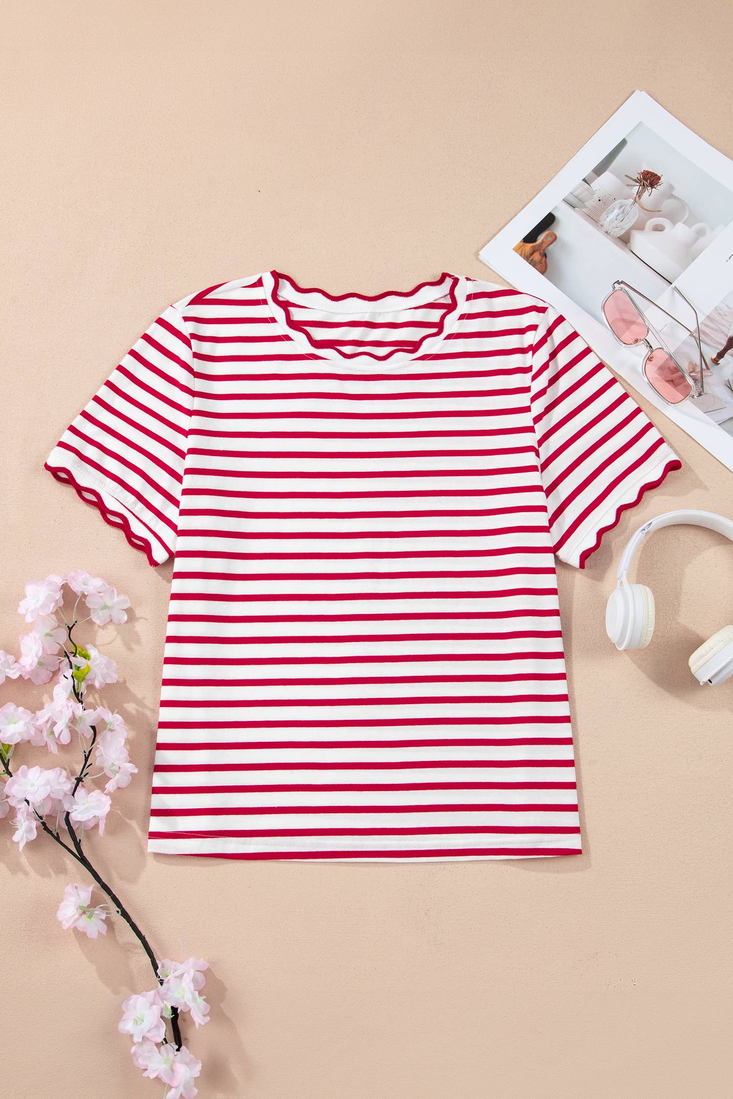 LAS Stripe Scalloped Trim Round Neck T Shirt (S-4X)