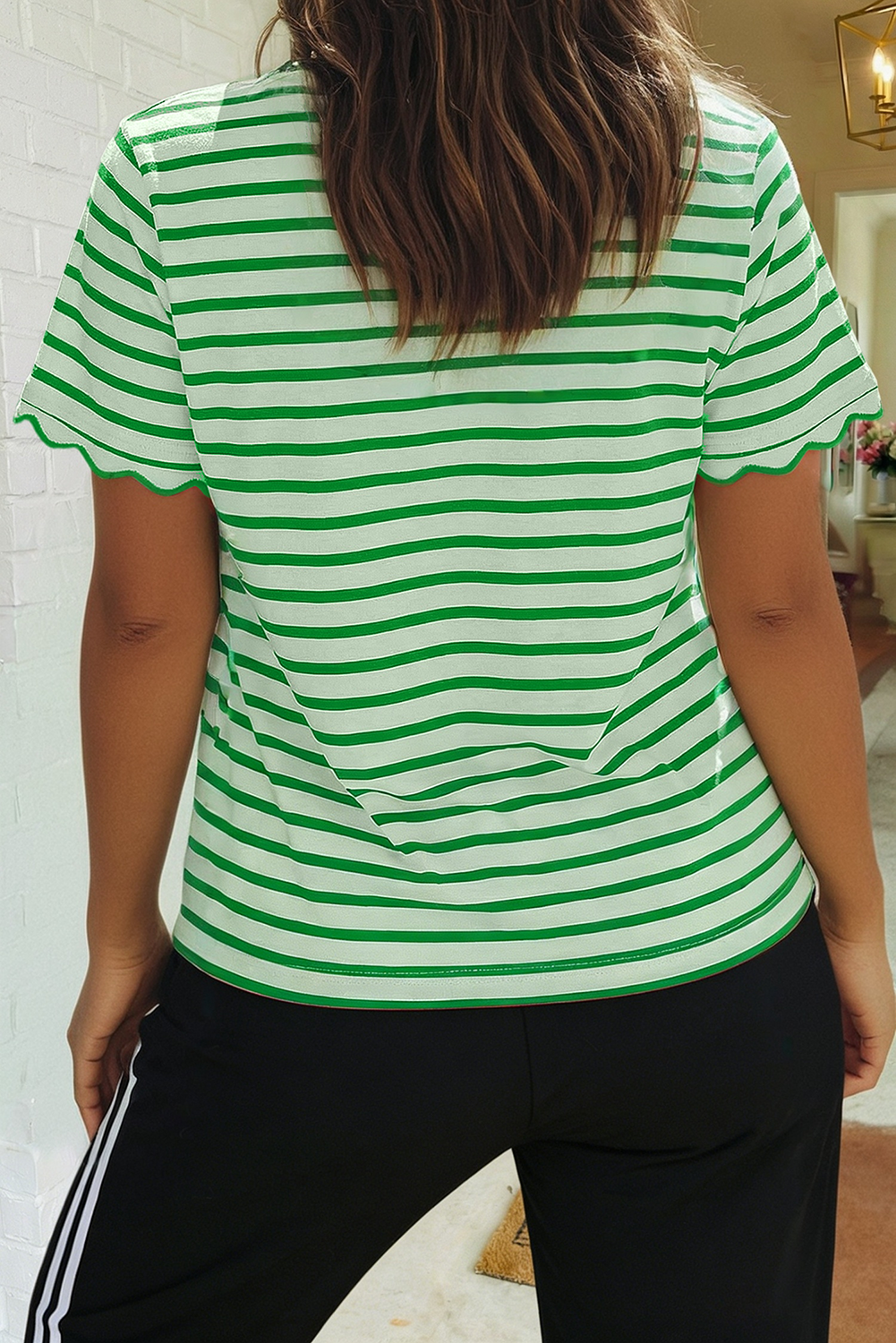 LAS Stripe Scalloped Trim Round Neck T Shirt (S-4X)