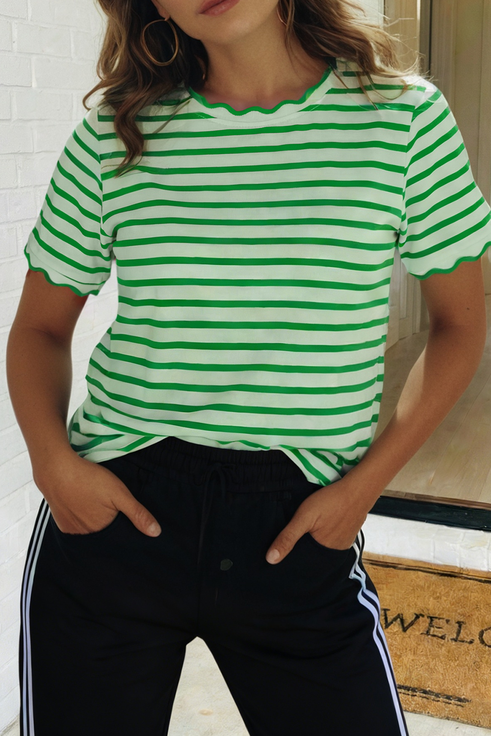 LAS Stripe Scalloped Trim Round Neck T Shirt (S-4X)
