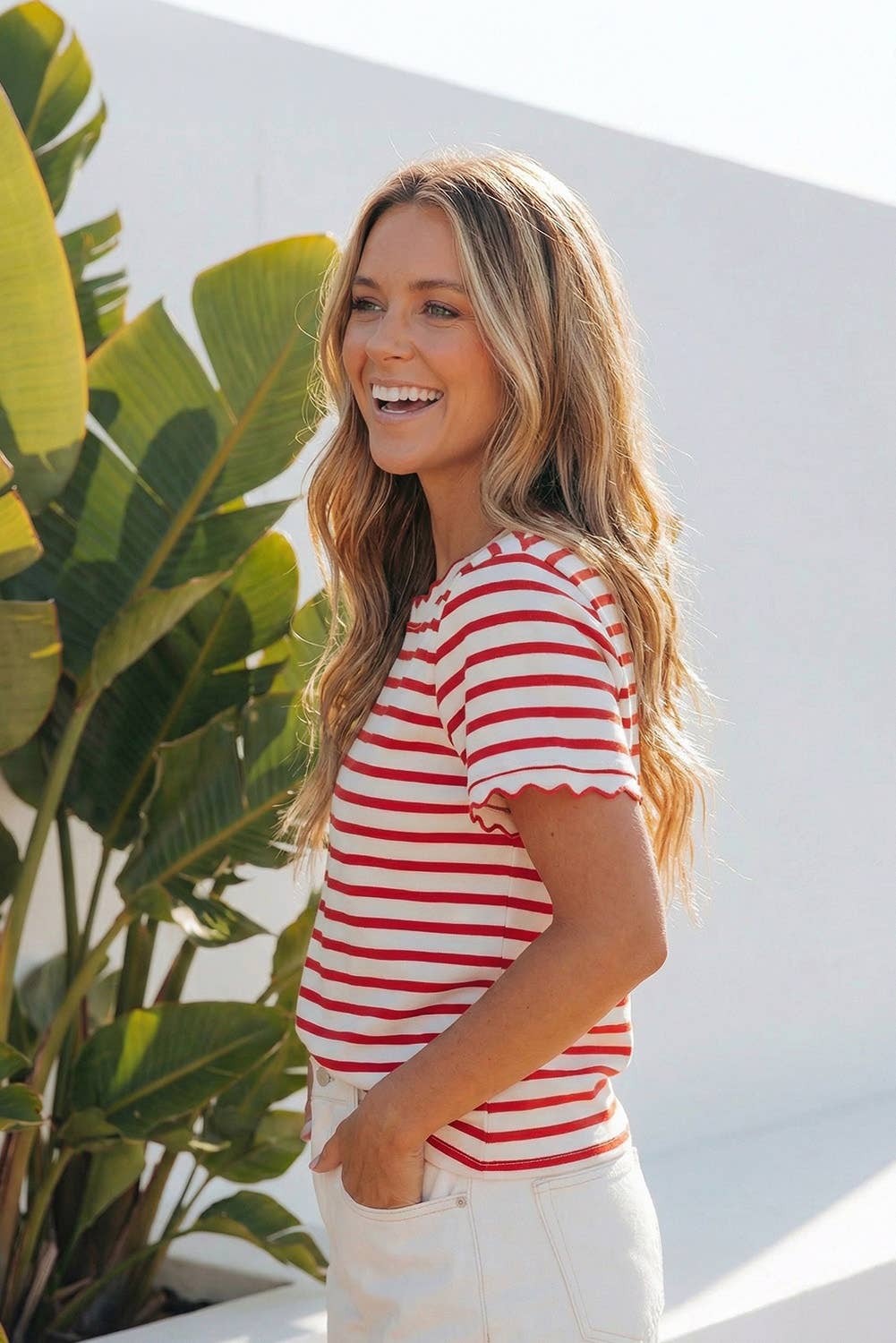 LAS Stripe Scalloped Trim Round Neck T Shirt (S-4X)