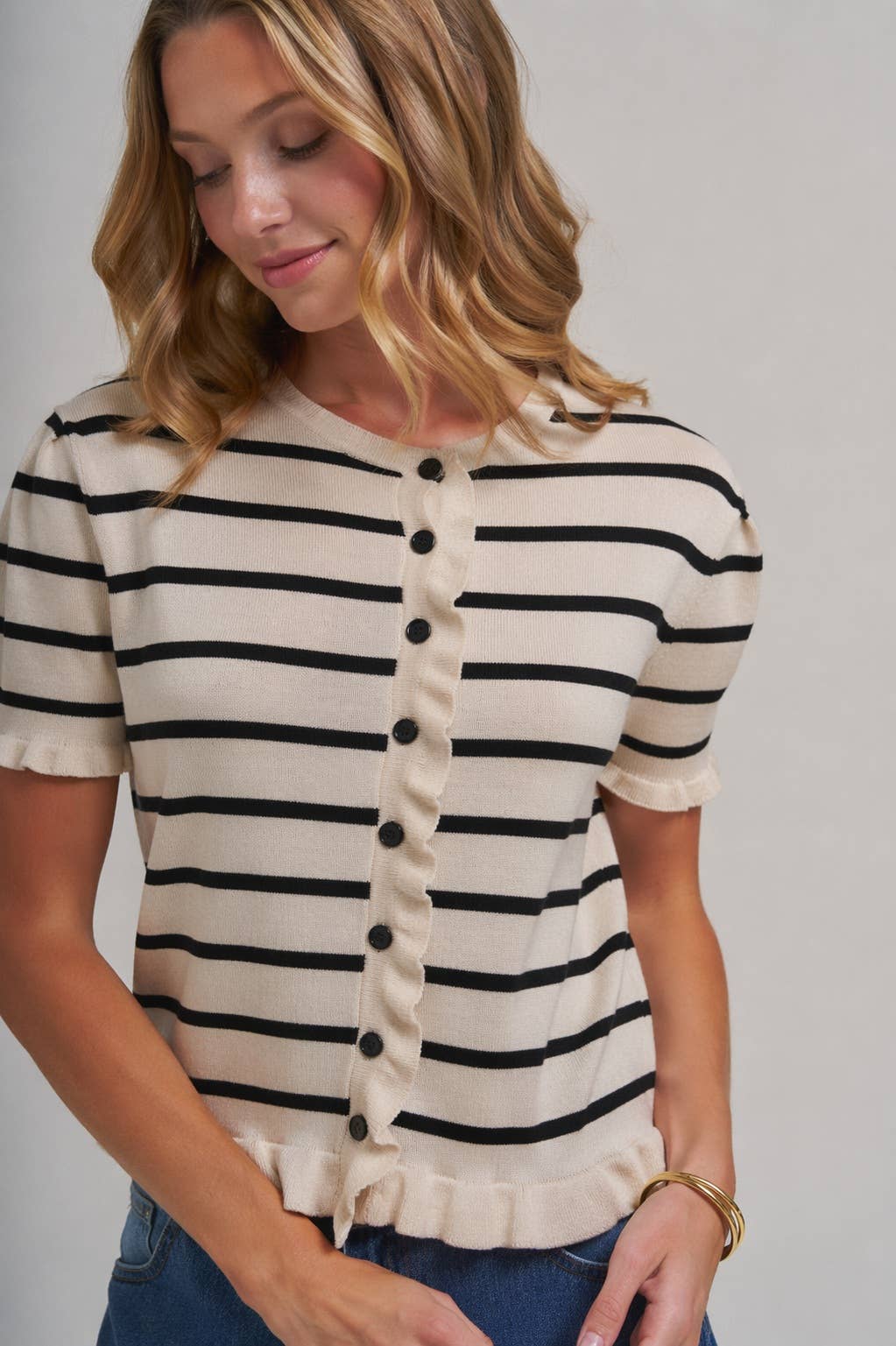 STRIPE KNITTED SWEATER BUTTON DOWN CARDIGAN TOP_JLT00204-01