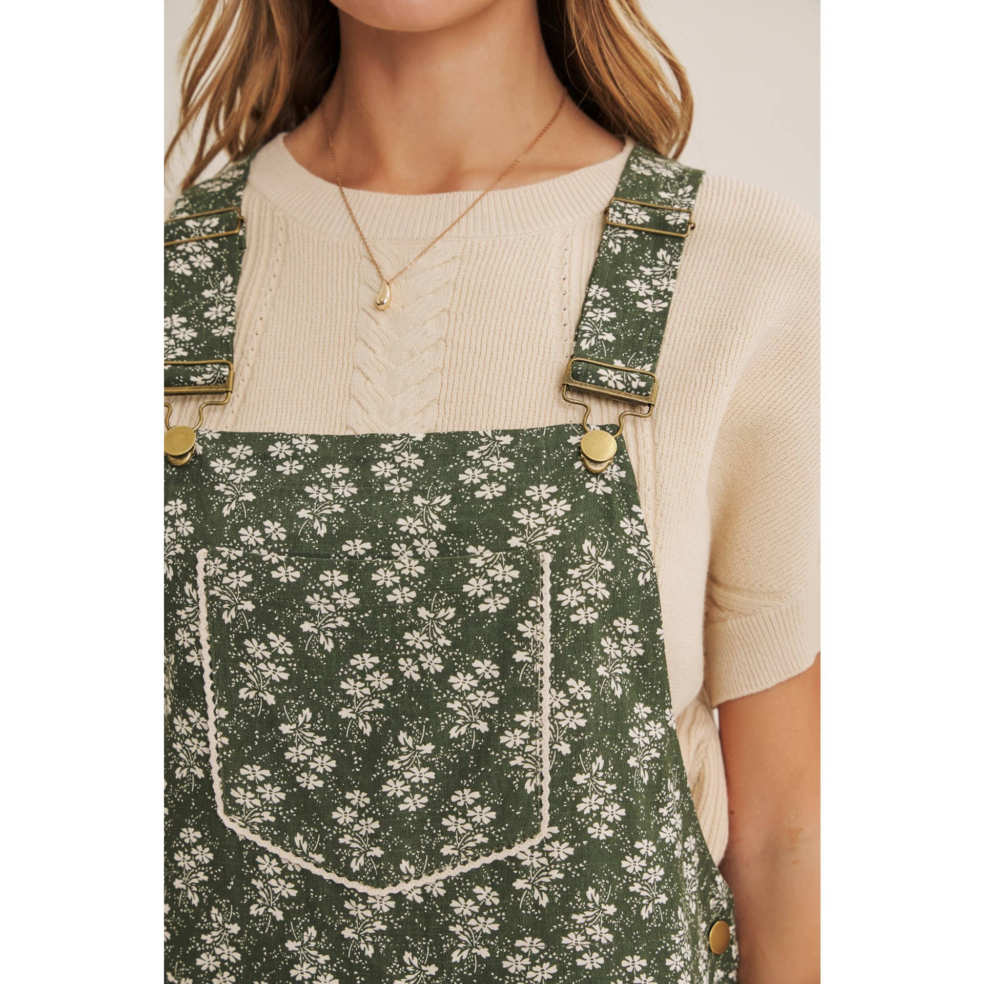 MEADOW BLOOM FLORAL SHORT OVERALL WITH LACE TRIM BIB POCKET