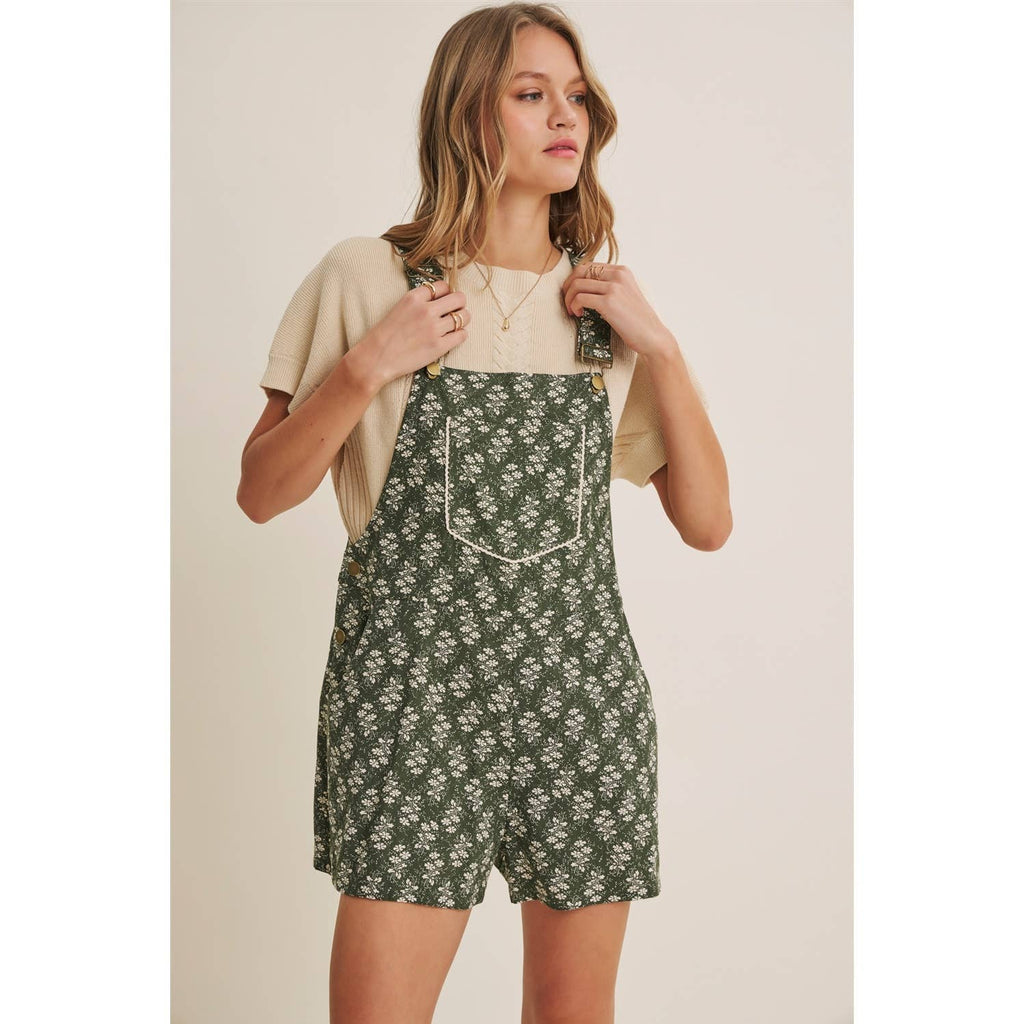 MEADOW BLOOM FLORAL SHORT OVERALL WITH LACE TRIM BIB POCKET