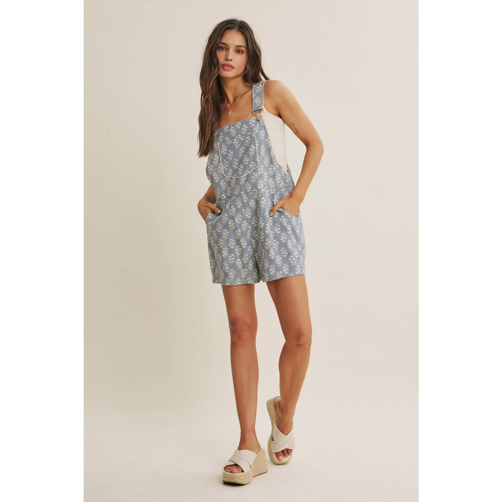 MEADOW BLOOM FLORAL SHORT OVERALL WITH LACE TRIM BIB POCKET