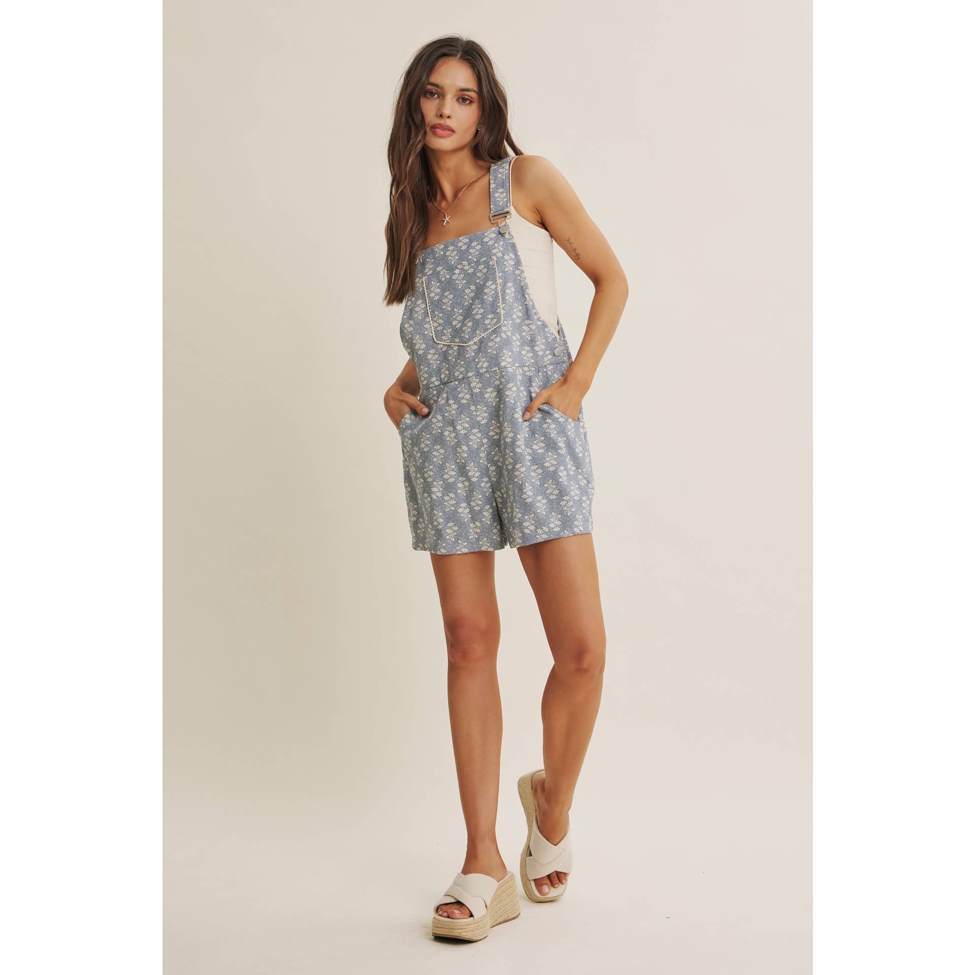 MEADOW BLOOM FLORAL SHORT OVERALL WITH LACE TRIM BIB POCKET